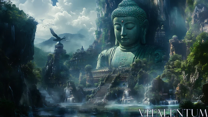 Colossal jade Buddha dominates mist-laden terraced waterfall valley