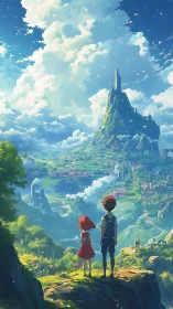 Anime landscape vista with children overlooking mountain citadel.