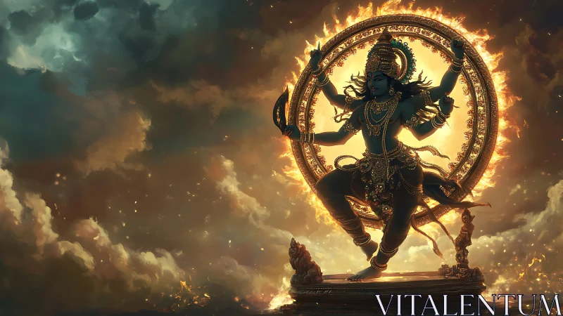 Divine cosmic dancer in flaming mandala over storm clouds.