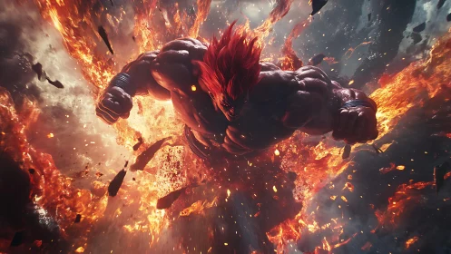 Flaming warrior erupts through explosive inferno sky.