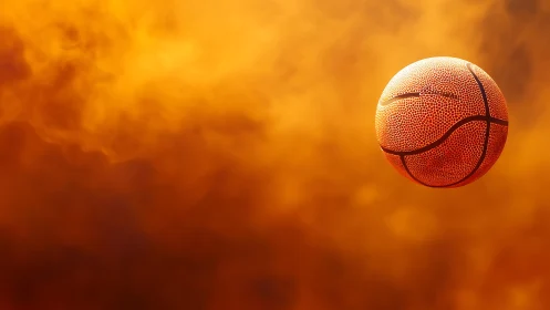 Textured basketball suspended against diffuse orange haze