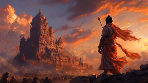 Heroic guardian overlooking a glowing ancient mountain temple.