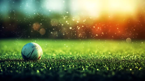 Iridescent cricket ball on dewy turf under refracted bokeh field.