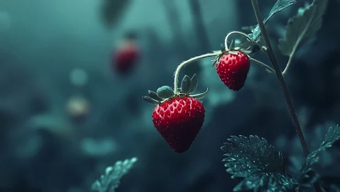 Ripe strawberries on plant with cool-toned blurred background.