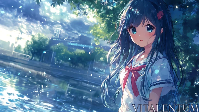 Anime waterfront portrait uniting bokeh lighting and motion effects