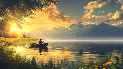 Silhouette fisherman sits in rowboat on calm mountain lake sunset