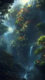 Ruined vertical structure within forested canyon with waterfalls