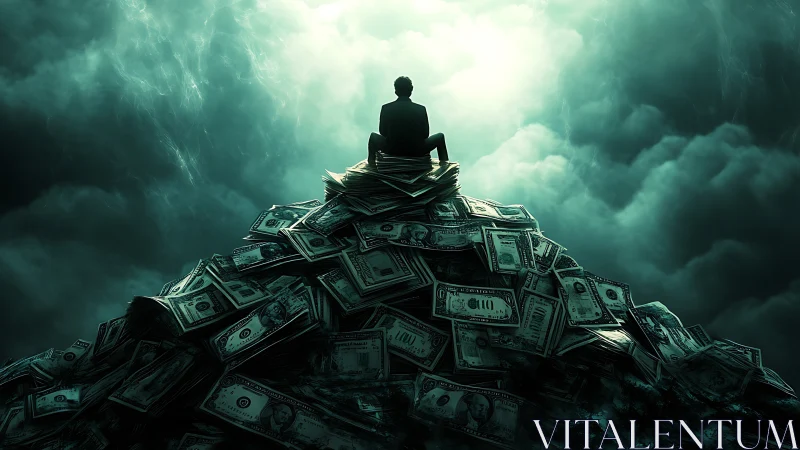 Silhouetted man sits on cash mound under stormy sky