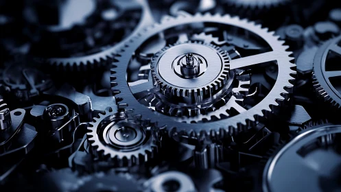 Interlocked precision geartrain under directional metallic lighting.