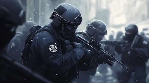 Snowfall strike team advances through icy urban crossfire.