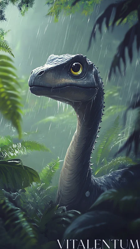 Digital painting of young dinosaur in misted jungle rain scene.