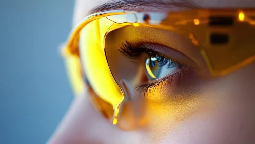 Close-up of Eye Behind Stylish Yellow Sports Glasses, Modern Look.