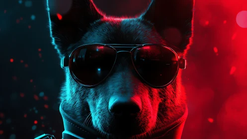 Neon-lit cyber hound in reflective aviator sunglasses.