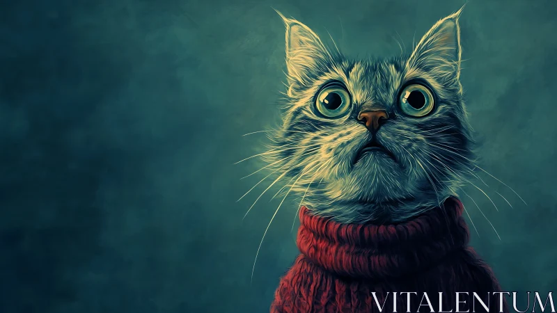 Cat wearing red sweater against teal background portrait.