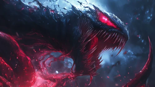 Ferocious red eyed monster in swirling dark energy.