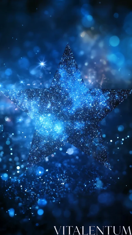 Celestial blue glitter star silhouette in luminous bokeh field.