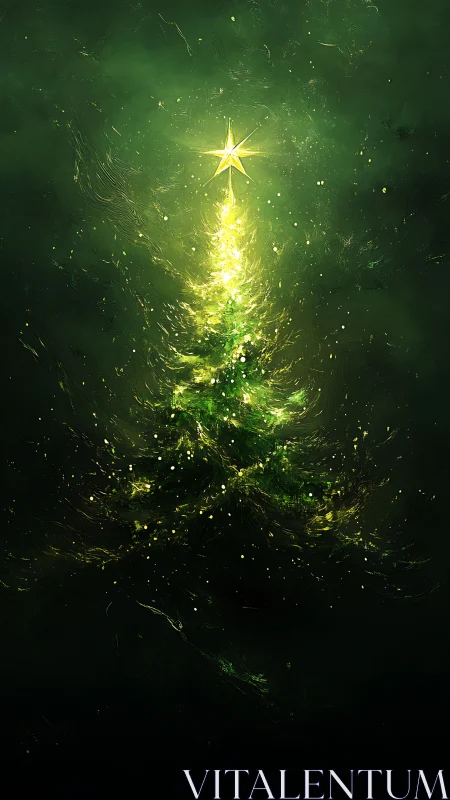 Illuminated conifer silhouette with central star highlight.