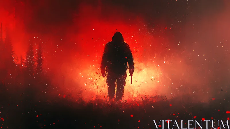 Silhouetted figure advances through red backlit smoke with knife drawn