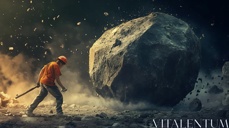 Worker swings sledgehammer against massive rolling boulder.