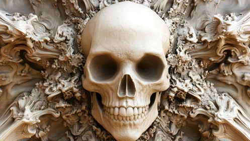 Intricate skull emerges from swirling bone-like textures.