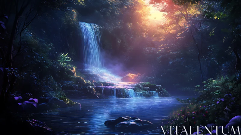 Waterfall cascades into a reflective forest pool at sunset