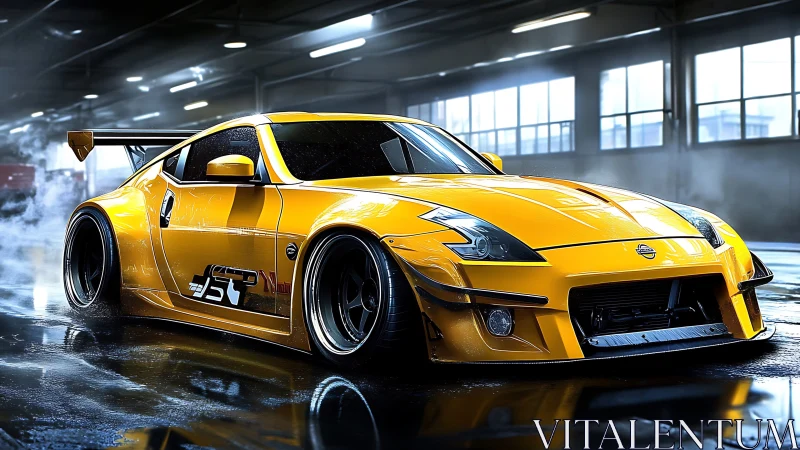 Sunlit yellow drift coupe poised in a misty garage glow.