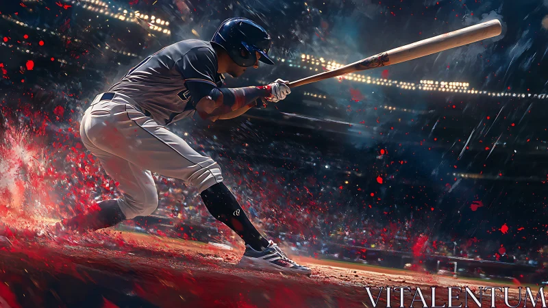 Dynamic baseball batter under stadium lights in motion blur.