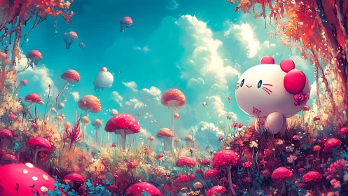 Round cartoon creature stands in bright mushroom landscape