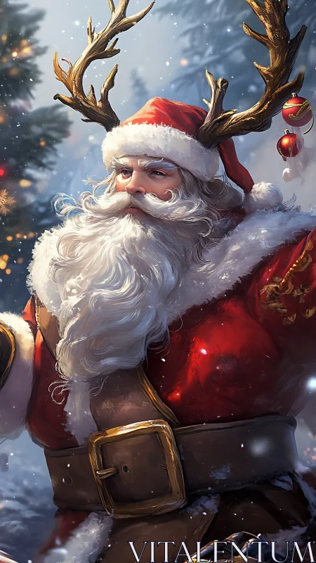 Regal winter Santa with antlers in dramatic snowfall.