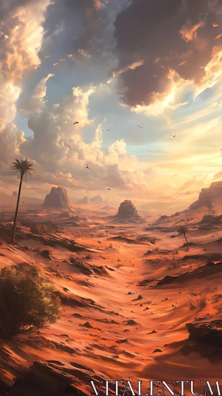 Sunlit desert canyon under dramatic storm-built skies.