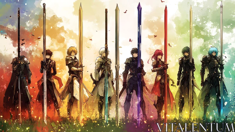 Rainbow armored knights with towering elemental swords.