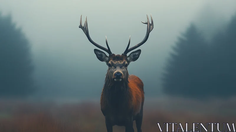 Red deer stag stands in misty forest clearing at dawn.