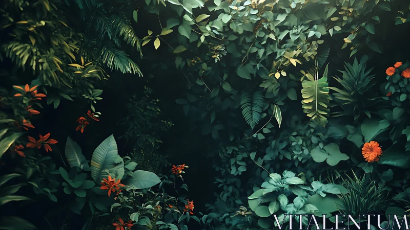 Dense tropical foliage with scattered orange flowers at center.