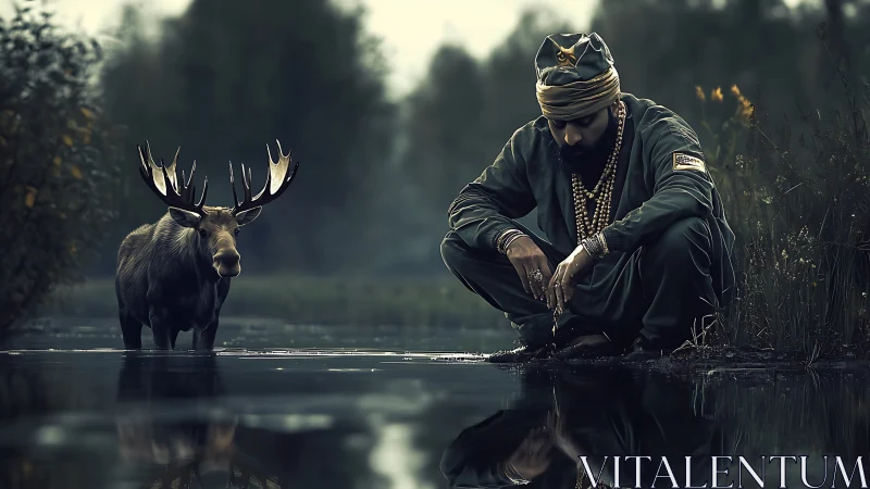 Solitary hunter kneels by moose in misty forest shallows