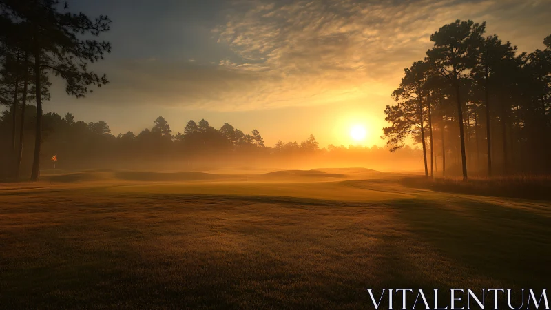 Morning mist turns the quiet golf fairway into liquid gold
