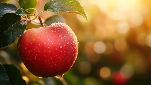 Macro study of dew-covered red apple with shallow depth-of-field