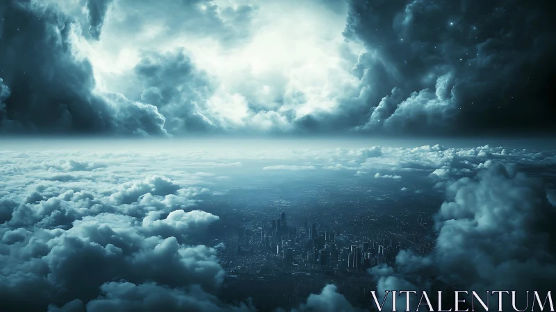 Dreamlike night city resting beneath a swirling sky of clouds.