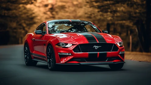 Bold red sports car cruising a forest road in style.