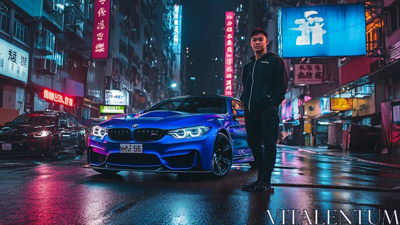 Blue sports car and driver on neon city street at night.
