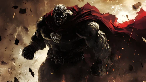 Dark armored powerhouse with red cape amid chaos.