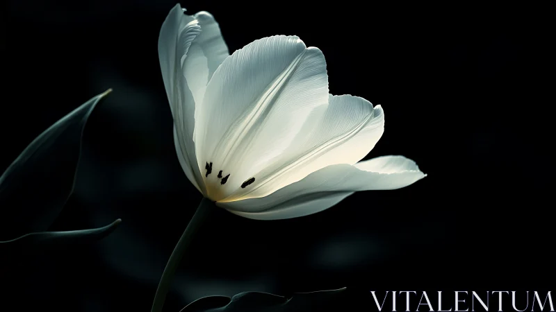 White Tulip Backlit Against Black. Delicate Petals, Dark Drama.