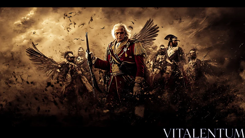 Winged general leads spectral regiment through burning storm