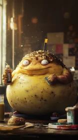 Cheerful potato creature hosting a delightfully messy snack time.