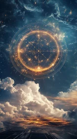 Celestial holographic astrolabe hovers above luminous cloudscape