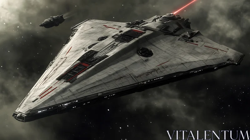 Massive triangular starship firing laser in deep space.