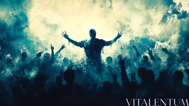 Storm-lit crowd lifting a silhouette into swirling light.