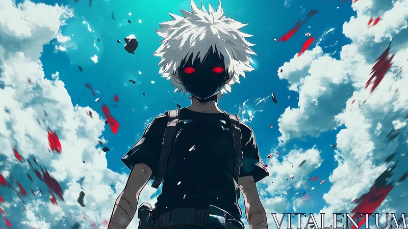 Masked white-haired boy stands under stormy blue sky
