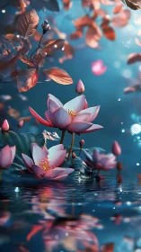 Dreamlit lotus blossoms drifting on a tranquil blue pond.