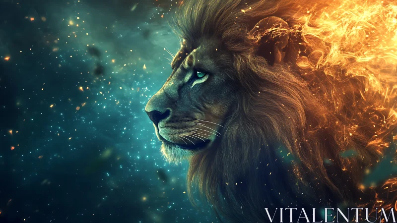 Cosmic lion between starlit calm and blazing firestorm.