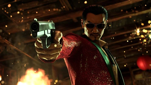 Gunman in red blazer framed by explosive cinematic bokeh.